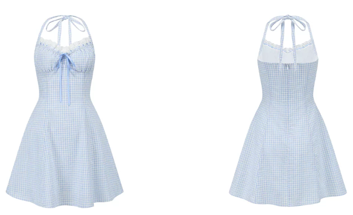 Vintage Black Gingham Halter Mini Dress Lace Trim Bow Detail R9197