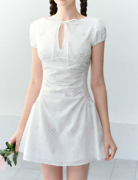 White Eyelet Embroidery Mini Dress Women With Keyhole Neck And Bow Tie Detail R9394