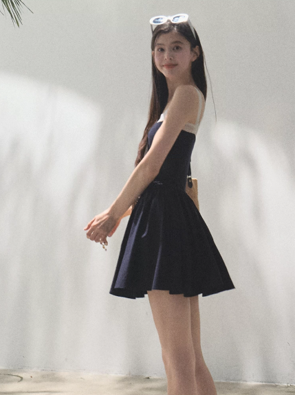 Navy Blue Lace Trim Cami Mini Dress Women Tie Front A-Line Dress R9360