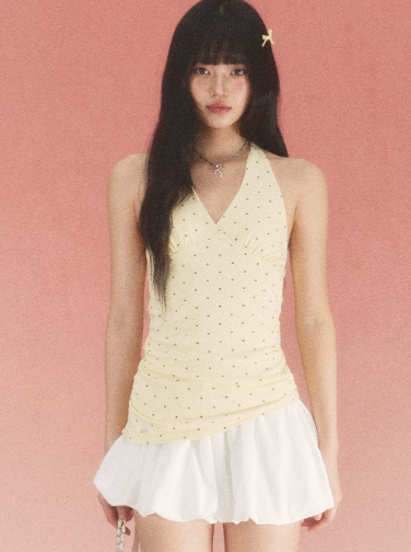 Butter Yellow Polka Dot Halter Top and White Mini Skirt Set with Ruched Waist, V-Neck and Bubble Hem R9249