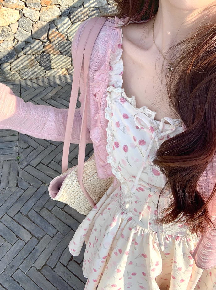 French floral dress women's summer pink sweet suspender short skirt R3834