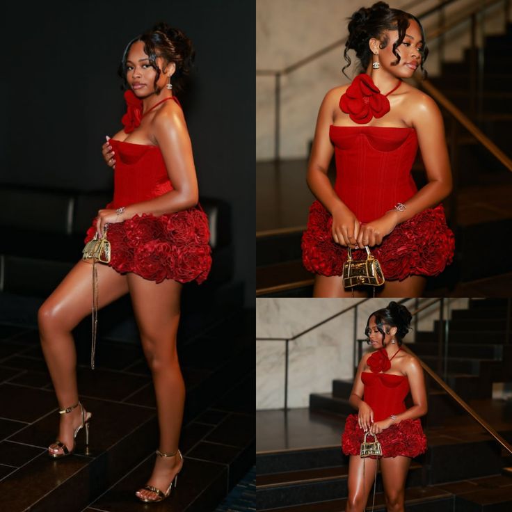 Flower-shaped Red Ruffled A-Line Halter Bodycon Mini Party Dress Homecoming Dress RS258