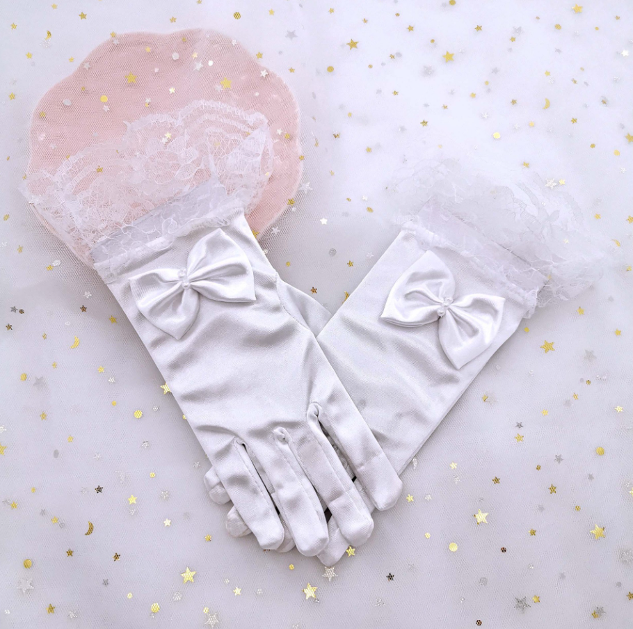 Girls Gloves Lace Bow Satin Elastic Children Flower Girl Dress Performance Dance Etiquette S6246