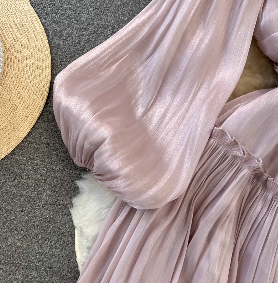 Spring and autumn lantern long sleeve stand collar waist slim pleated A-line dress holiday long skirt R0309