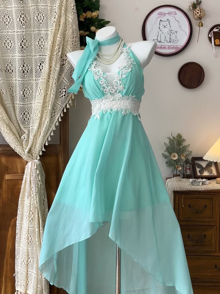 Elegant Turquoise A-Line Halter Lace Embroidery Waist Mini Summer Dress Homecoming Dress RS165