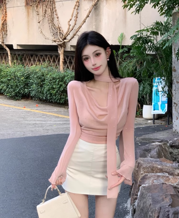 Pure desire style mesh fine flashing collar long-sleeved top 2025 hot girl hip skirt suit R1197