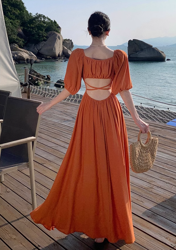 Gentle Temperament Square Neck Puff Sleeve Dress Backless Slit Long Dress R0599