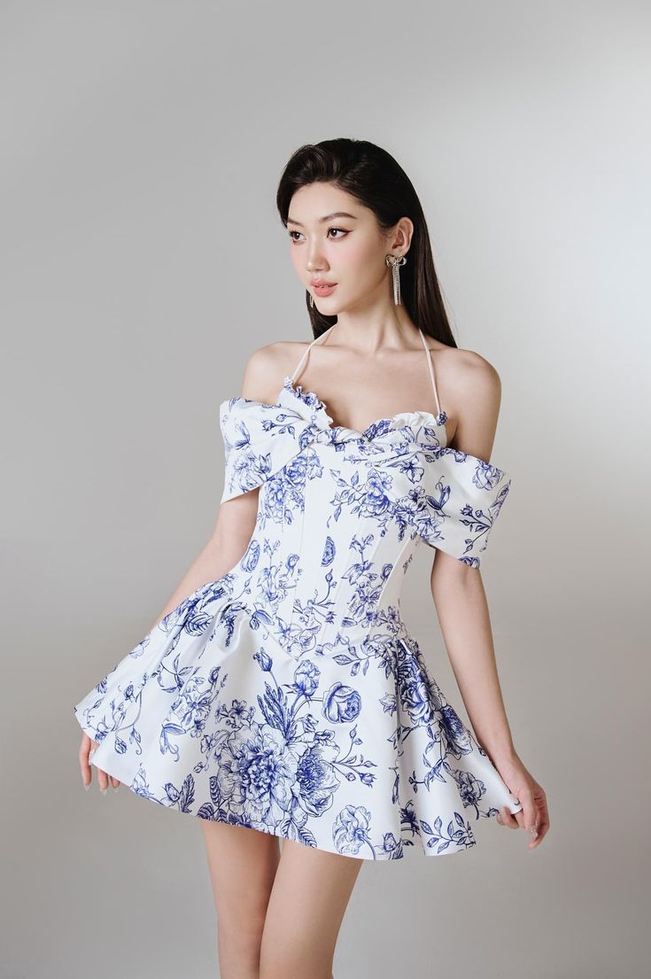 Blue floral one-shoulder slim waist A-line short skirt homecoming dress R2882