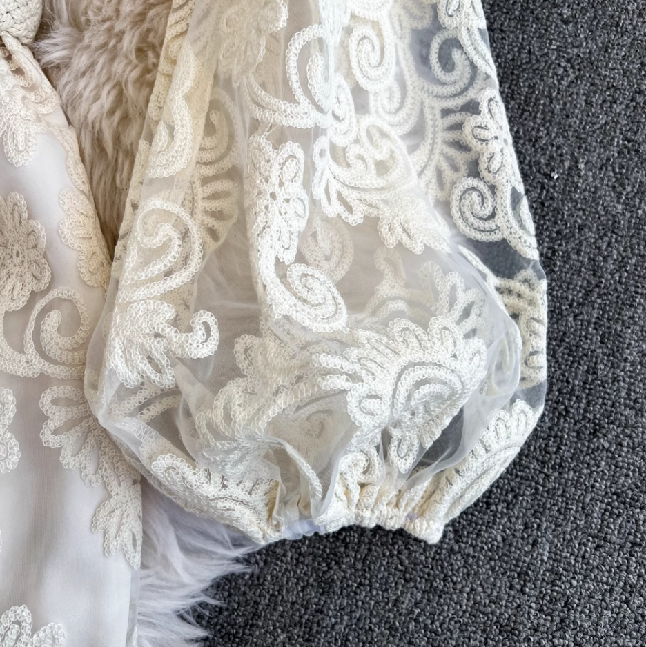 French elegant hollow embroidery dress Tutu skirt lace waist temperament fairy holiday style long skirt R0310