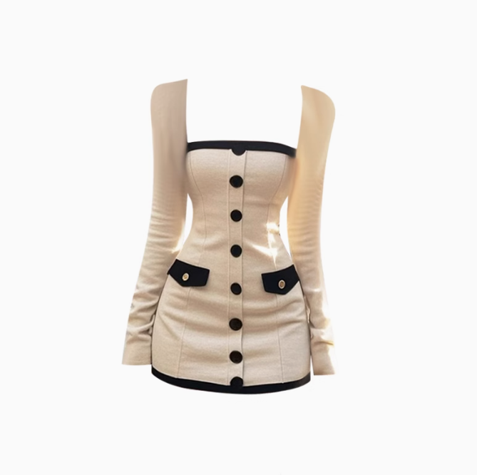 2025 elegant waist-hugging skirt with contrasting colors and single-breasted long sleeves R1164