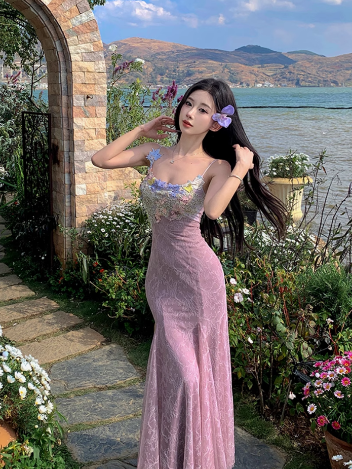 Fairy V-neck suspender dress heavy three-dimensional flower lace embroidery fishtail long skirt R1749