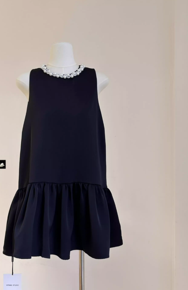 French high-end pearl round-neck sleeveless vest dress silver-gray ruffled short skirt R1990