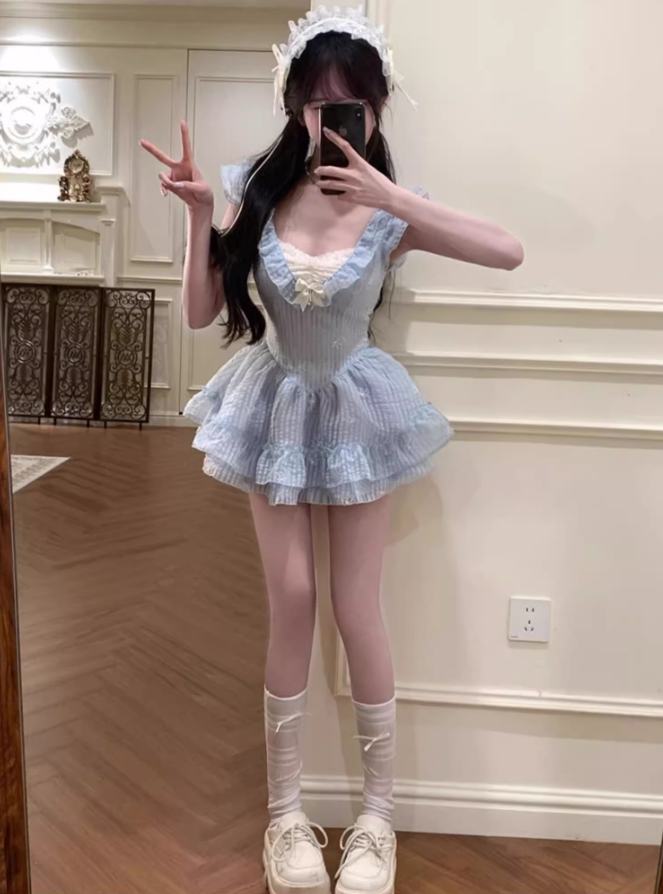 Pure desire bow embroidered dress 2025 flying sleeve waist princess dress R1373