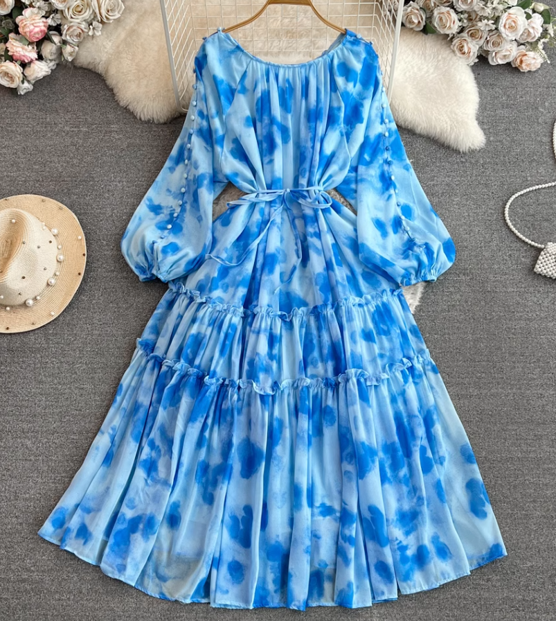 Gentle style lady temperament long sleeve low round neck waist medium length A-line printed dress R0392