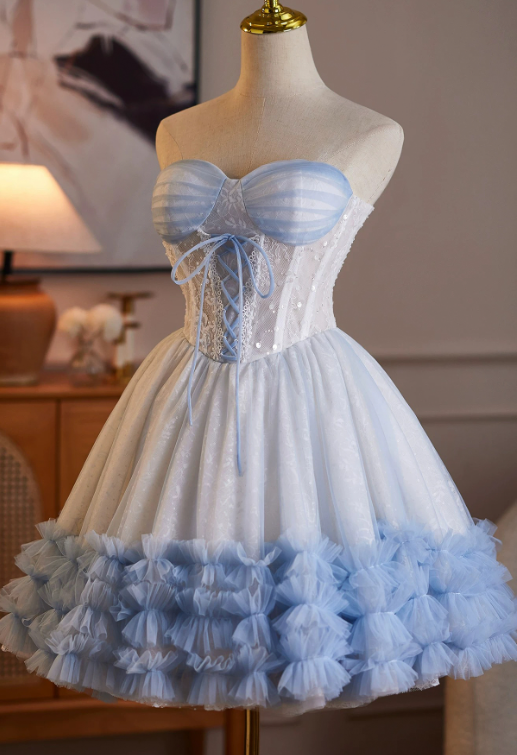 Cute Ruffled A-Line Strapless Bodycon Mini Birthday Dress Homecoming Dress RS362