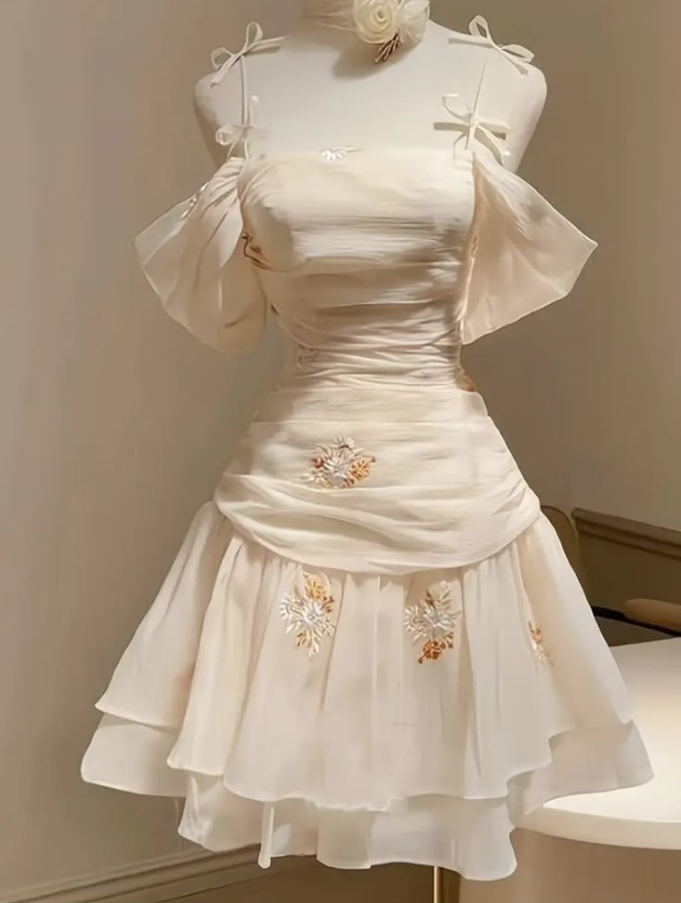 Elegant Ivory Homecoming Dress A-Line Off-the-shoulder Embroidery Corset Mini Prom Dress RS730