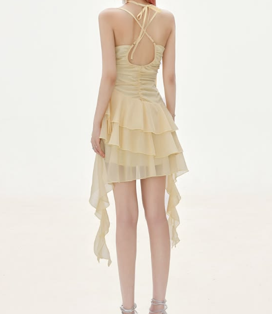 Flowy Pastel Yellow Ruffled Homecoming Dress A-Line Halter Corset Mini Summer Dress RS731