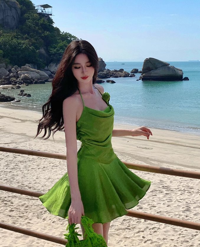 French green halter neck short skirt dopamine holiday style slim waist a-line dress R1631