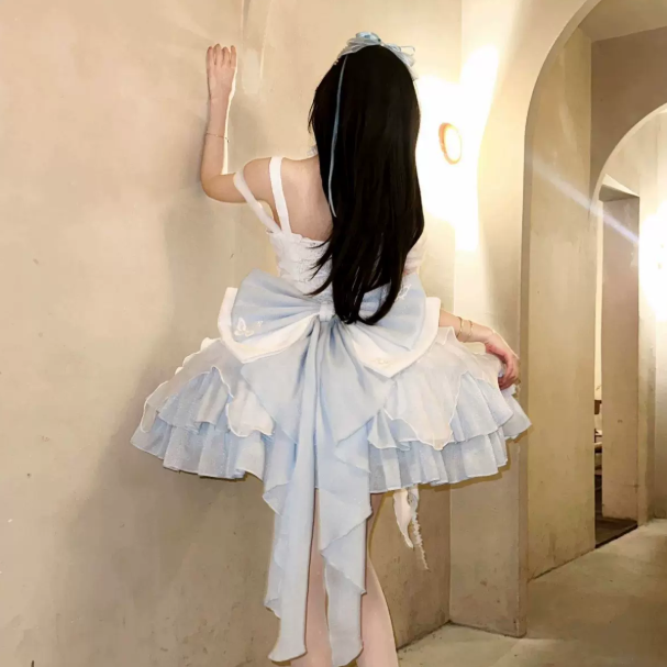 Cute Pale Blue Beading Homecoming Dress A-Line Spaghetti Straps Large Bow Back Accessory Corset Mini Birthday Dress RS735