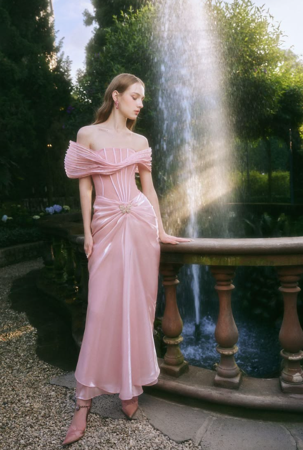 Girlish Satin Slim Prom Gown Pink Women's Corset Maxi Evening Dress Birthday Dress RS2911