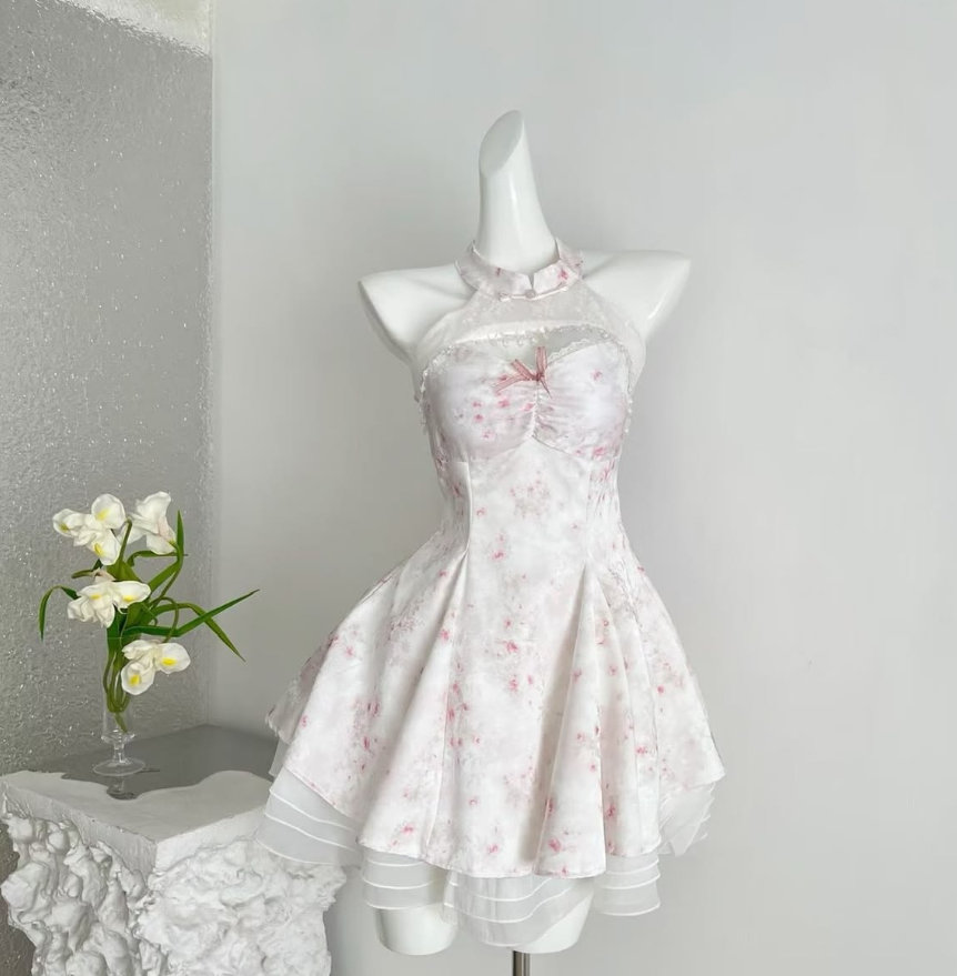 Elegant White Floral Homecoming Dress A-Line Halter Corset Mini Birthday Dress RS748