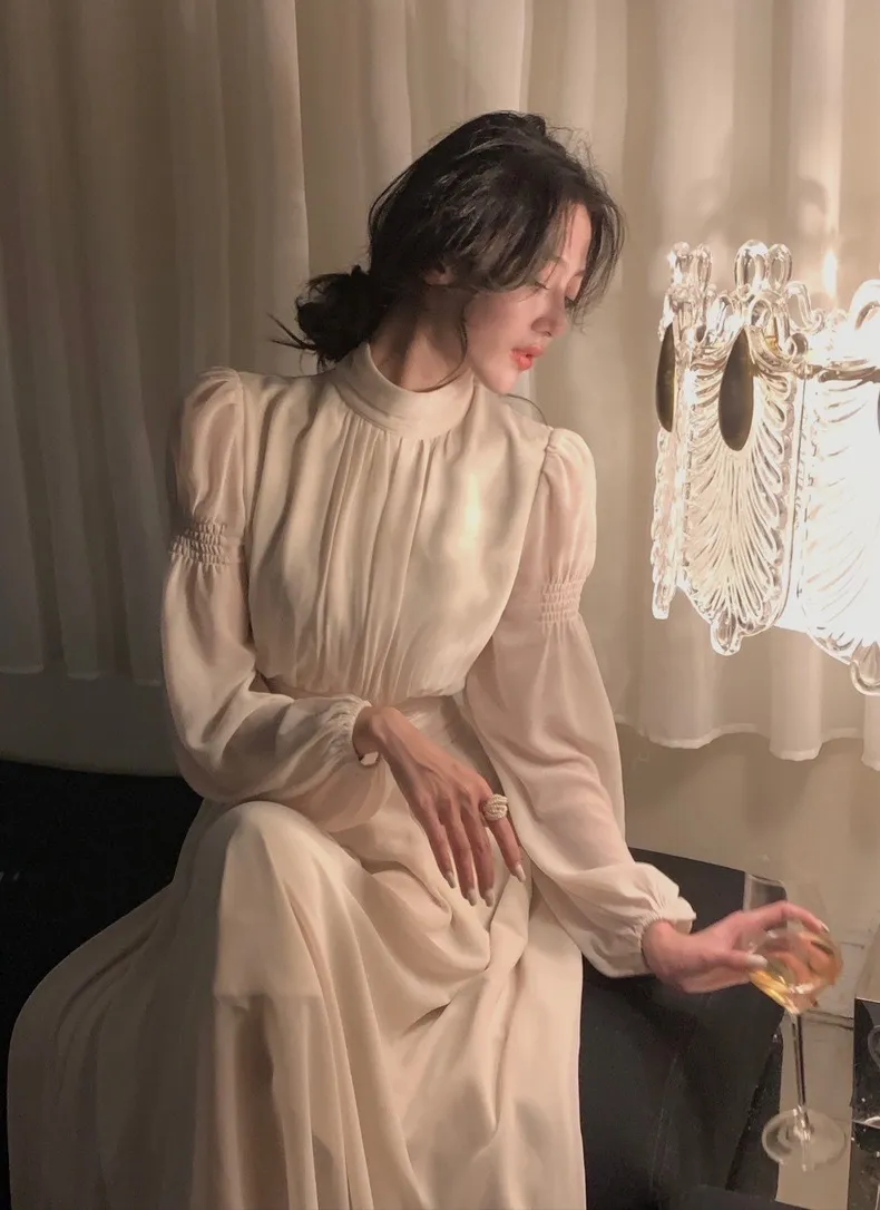 Vintage Women Midi Evening Dress Puff Sleeve S5419