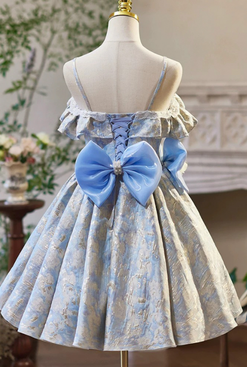 French Chic Pale Blue Floral A-line Spaghetti Straps Bow Waist Ornament Corset Mini Homecoming Dress RS509