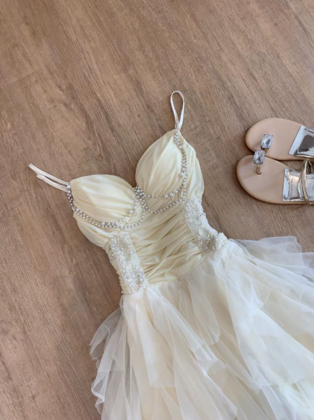 Elegant Ivory Beaded A-Line Spaghetti Straps Corset Hi-Lo Prom Dress RS755