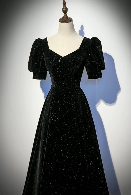Elegant Black Glitter A-line Square Satin Corset Maxi Prom Dress Evening Dress RS503