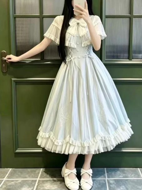 Pretty Pale Blue Plaid Long Dress ,A-Line Puff Sleeves Cinched Waist Fairy Dress RS770