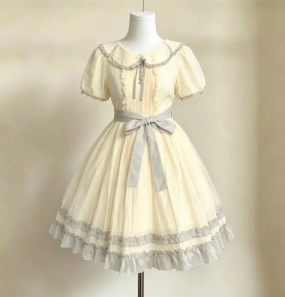 Cream Academy Style Homecoming Dress ,A-Line Jewel Frilled Hem Cute Mini Princess Dress RS777
