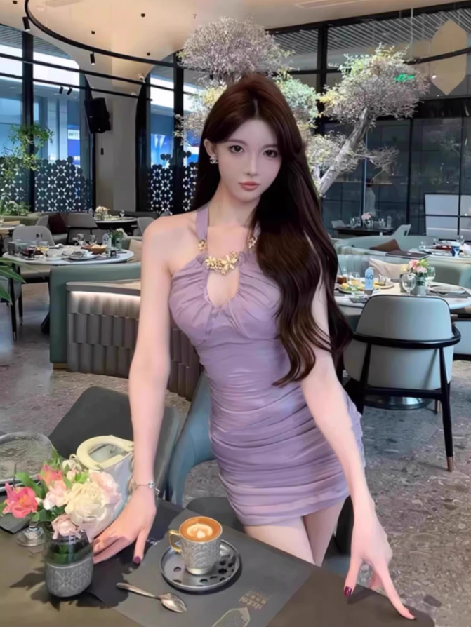 Pure desire style metal buckle halter neck dress 2025 pleated waist hip skirt R1191