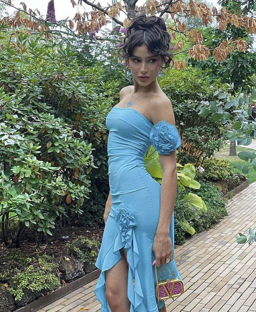 Flowy Chiffon High-slit Prom Gown Baby Blue Women's Corset Maxi Birthday Dress Casual Dress RS3003