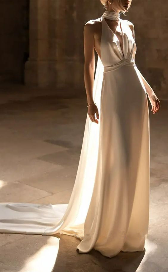 Simple Sexy Halter V-Neck Open Back With Train Long Wedding Dress S6937