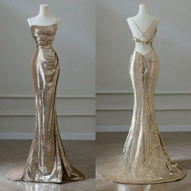 Golden formal dress Sexy Gold Mermaid Long Evening Dresses Prom Gown S6954