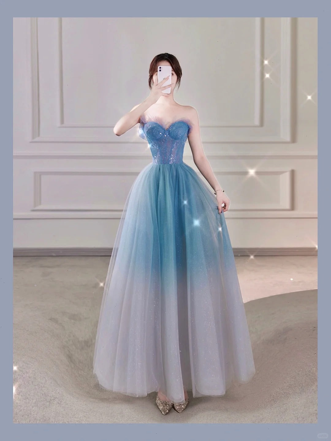 A Line Ombre Tulle Sequin Long Evening Gowns Party Prom Dresses S6944