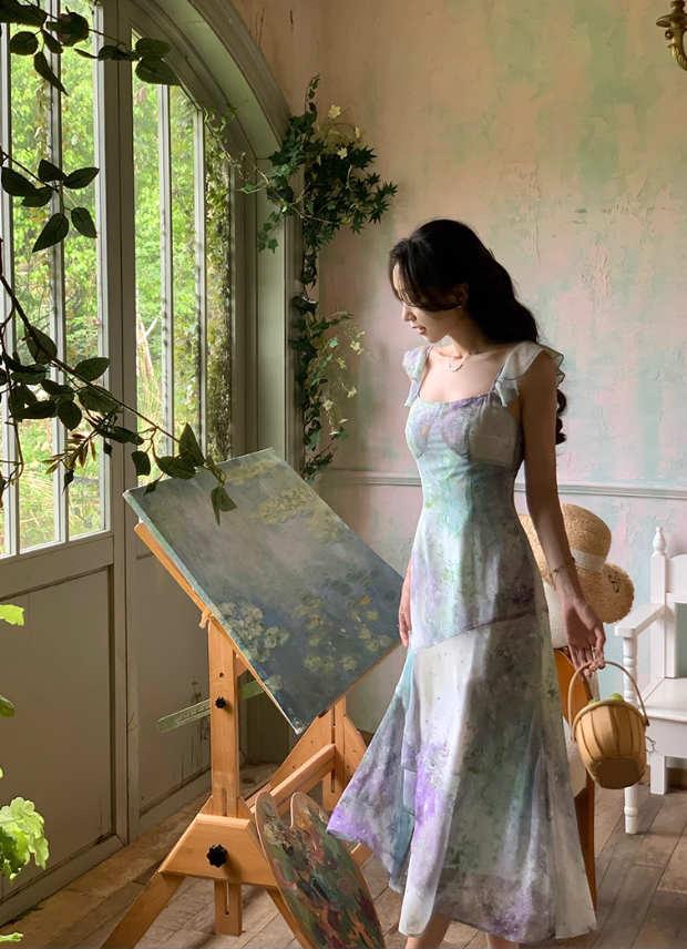 Beautiful oil painting style fishtail long skirt summer French retro gradient irregular suspender dress R4340