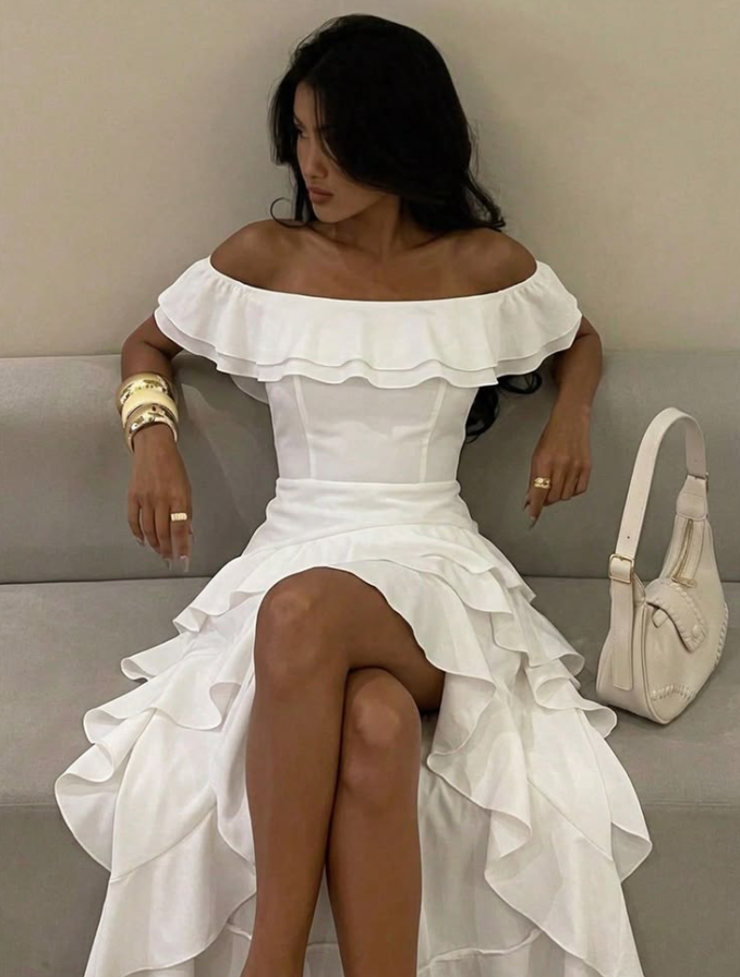 Satin Silky Flowy Prom Gown White Women's Corset Hi-Lo Evening Dress Birthday Dress RS2912