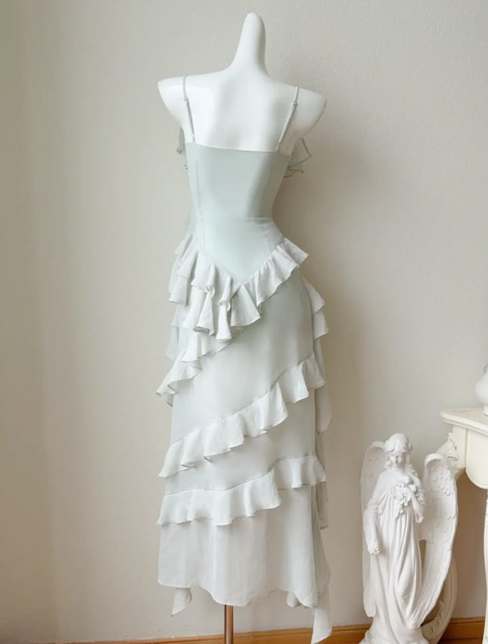 Fresh Ivory Ruffled A-Line Spaghetti Straps Corset Hi-Lo Prom Dress RS799