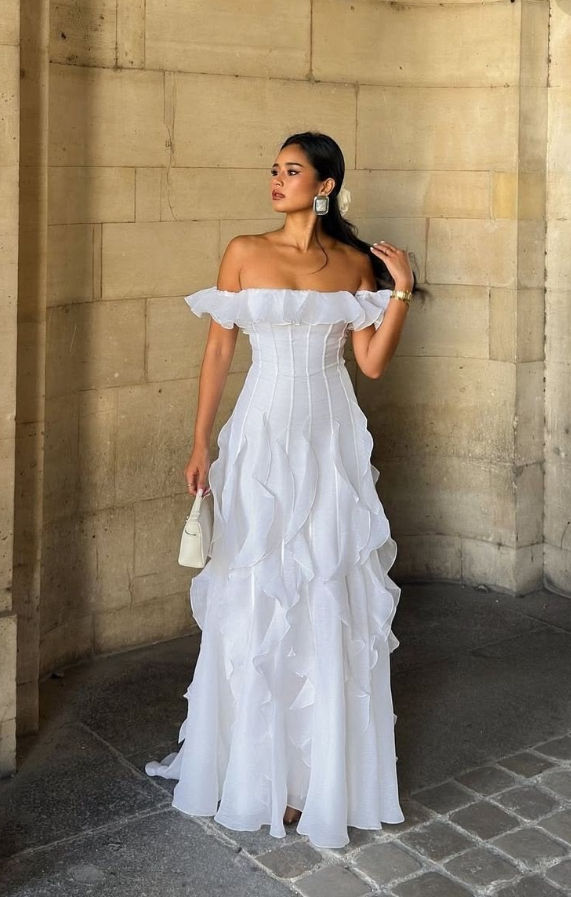 Flowy PLeated Prom Gown White Women's Corset Maxi Evening Dress Birthday Dress RS2913