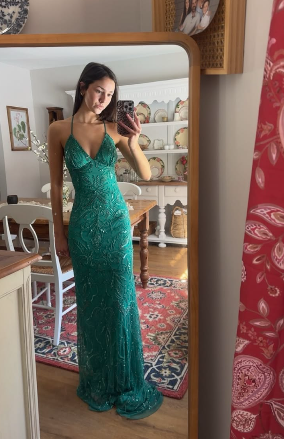Slim Chiffon Embroidered Corset Prom Gown , Green Sparkly Women's Maxi Casual Dress RS2524