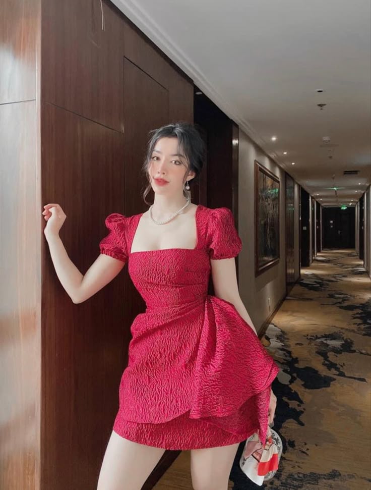 Red princess dress puff sleeves square neck waist slim puffy short skirt homecoming dress R3476