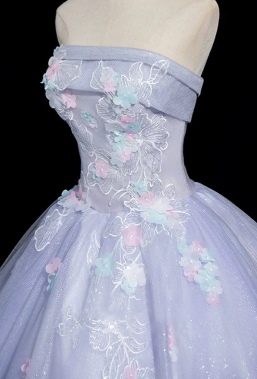 Elegant Lavender A-line Strapless Embroidery Corset Maxi Prom Dress Evening Dress RS504