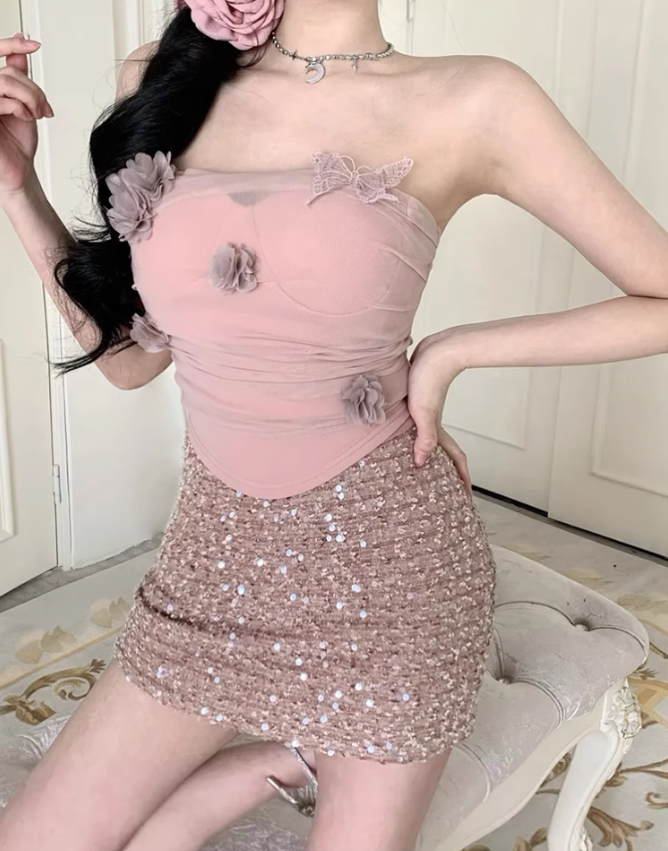 Pure desire style three-dimensional flower tube top 2025 plus size hot girl sequin hip skirt suit R1161