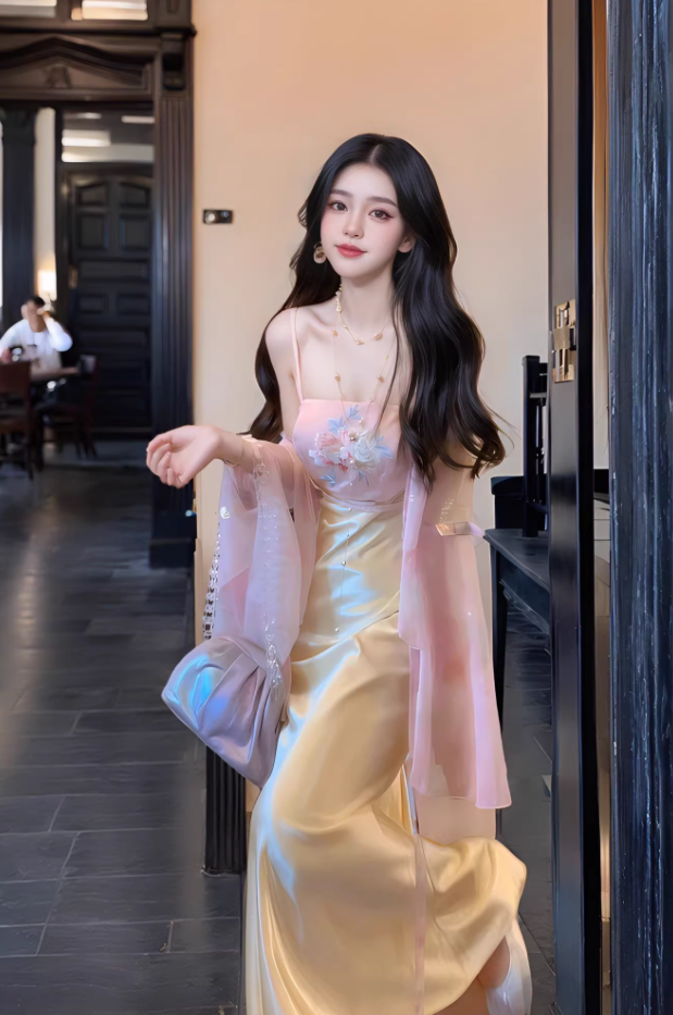 Gentle and elegant pink jacquard suspender dress with slim waist and hip skirt R0485