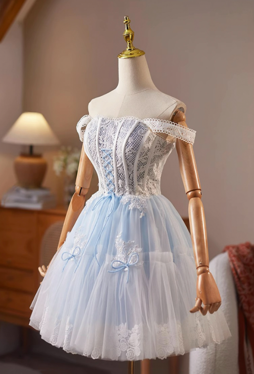Cute Pale Blue A-Line Spaghetti Straps Lace Embroidery Corset Mini Birthday Dress Homecoming Dress RS574