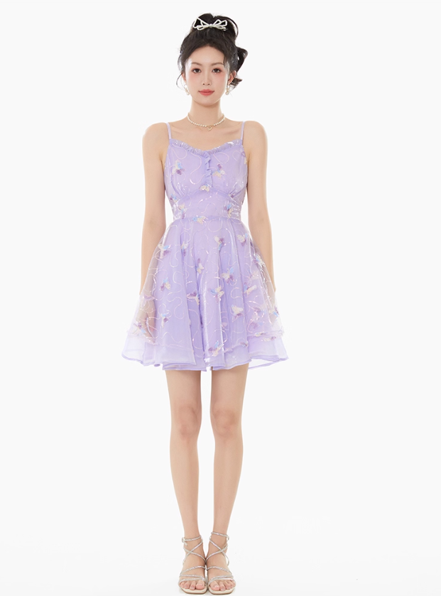 Purple fairy lace chiffon suspender dress women's summer waist mesh skirt R4181