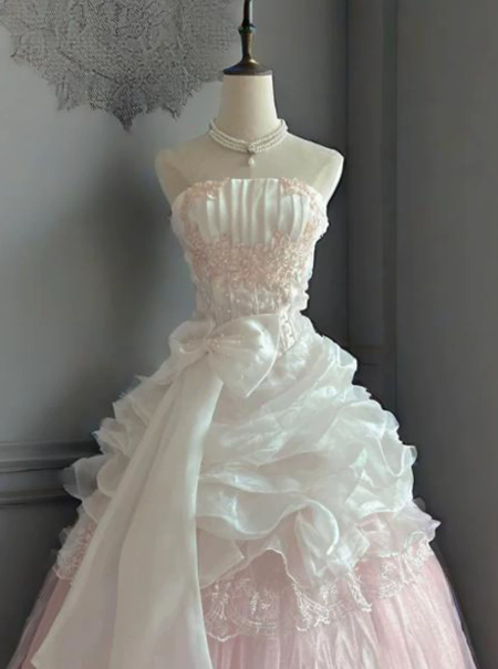 Pretty Blush Pink Prom Dress ,A-Line Strapless Organza Corset Maxi Quinceanera Dress RS800