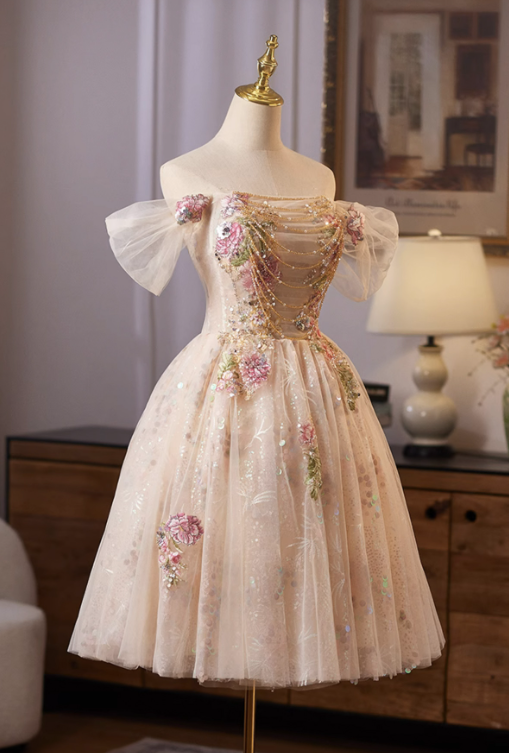 Luxury Champagne A-Line Off-the-shoulder Flower- Embroidery Corset Mini Evening Dress Homecoming Dress RS575