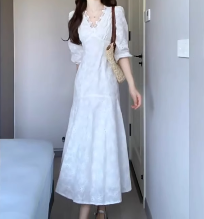 Large size French temperament embroidery design dress gentle slim fishtail long skirt R1828